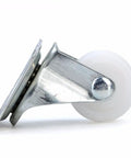 Built Tough Universal Swivel Casters Featuring Shock Resistant Ball Bearings White Nylon Roller Wheels side view showing sturdy metal bracket.