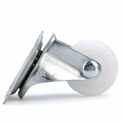 Built Tough Universal Swivel Casters Featuring Shock Resistant Ball Bearings White Nylon Roller Wheels side view showing sturdy metal bracket.
