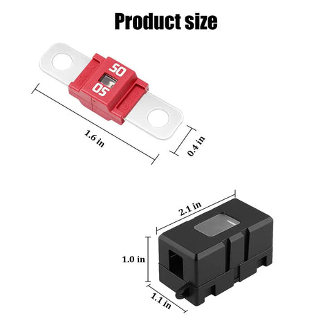 Rock Solid 2 Pack of 50 Amp Ami Midi Fuse Holder Kit Bolt Down Automotive Fuse Block With Splash Proof Cover for Trucks Buses and Work Gear, showcasing product size dimensions.