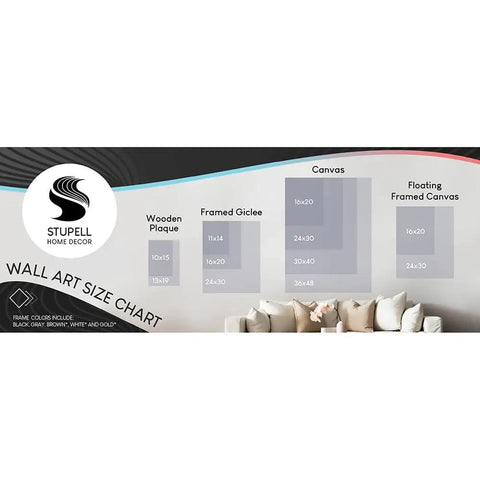 Wall Art Size Chart for Stupell Home Decor showing dimensions for wooden plaque, framed giclee, and canvas sizes.