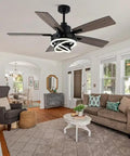 Smooth Operator 52 Inch Black Modern Chandelier Ceiling Fan Featuring Smart App Control And Barn Wood Blades in a cozy living room setting.