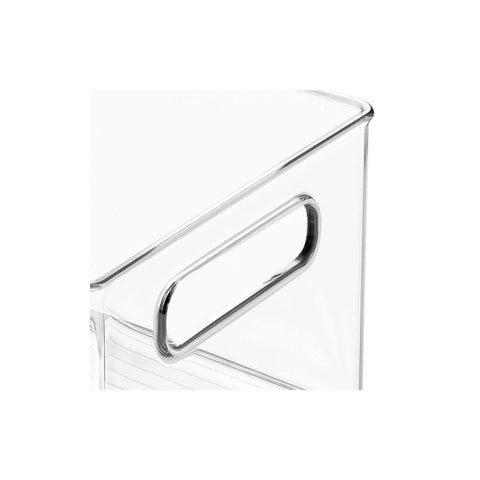 Close-up of clear handle on deep plastic storage organizer bin for bath and shower neat stows shampoo vitamins med supplies and beauty tools 2 pack.