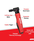 Industrial Grade Pneumatic Angle Die Grinder Dropping A Solid 18000 Rpm Kick with ergonomic housing and feather trigger.