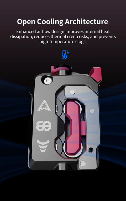Open cooling system of DXC Dual Gear Direct Drive Extruder Upgrade For Creality K1 Series Printers with airflow symbols.