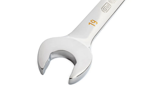 19Mm 4 Degree Swing Arch 12 Point Ratcheting Combination Wrench With Off Corner Loading And Dual Direction Ratcheting For A Tight Grip In Small Spaces 90 Tooth Box End, close-up of open end.