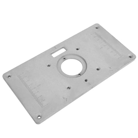 Top Shelf Aluminum Router Table Insert Plate For Butter Smooth Woodworking Cuts No Sweat Install Totally Bulletproof Build Shiny Silver Finish, flat view with ruler markings.