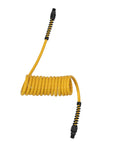 Heavy Duty No Nonsense Polyurethane Recoil Air Hose Zero Drama Self Coiling One Quarter Inch By Ten Foot Swivel Tubing vibrant yellow coils for pneumatic tools.