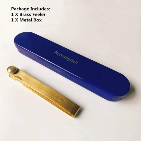Runningfish brass feeler gauge 0.03-1.0 mm with blue metal case, two-piece front view