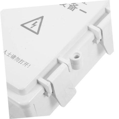 Close-up of Top Tier Phenofice White Plastic Electrical Junction Box Waterproof Case, showing latch and warning symbol for secure outdoor use.