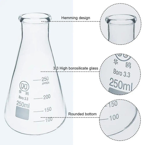 Close-up of a 250ml flask from Three Piece Erlenmeyer Flask Set With Flat Bottom Borosilicate Glass And Graduated Markings 50ml 150ml 250ml