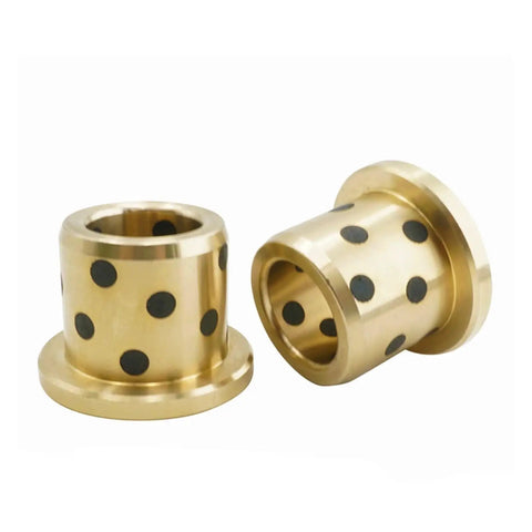 Rugged Flanged Bronze Graphite Bushings Self Lubricating Oilless Bearings That Run Smooth As Butter Through Harsh Environments Heavy Duty Shaft Sleeves With Zero Hassle Maintenance And Battle Ready Durability 2 Pack, showcasing flanged brass and graphite sleeves.