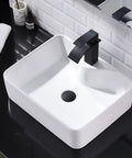 White Vessel Sink With Gold Faucet And Drain, 18x13 Inch Above-Counter Rectangle Ceramic Porcelain Bathroom Basin on black counter
