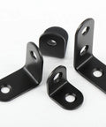 Close-up of black L shape corner brackets set of 18 with screws, stainless steel right angle fasteners for chests and cabinets.