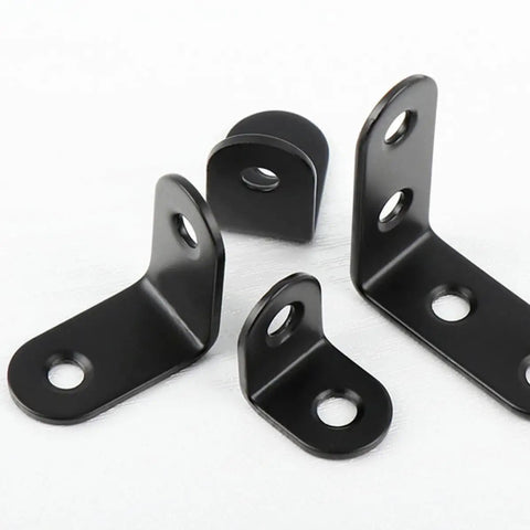 Close-up of black L shape corner brackets set of 18 with screws, stainless steel right angle fasteners for chests and cabinets.