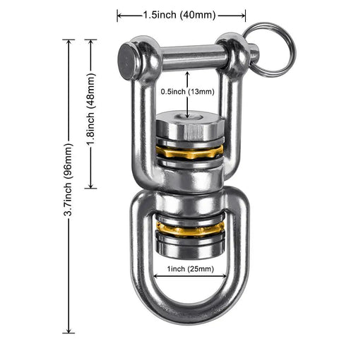 Heavy Duty Swing Swivel 360 Degree Rotation In Stainless Steel For Tree Swings Aerial Yoga And Hammock Chairs Built Tough Ultra Smooth Safe 770 LB Capacity 2 Pack featuring dimensions and structure details.