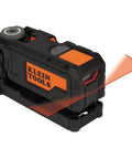 Black and orange Magnetic Pocket Laser Level with red laser line, 360 degree wall attachment visible, Klein Tools branding