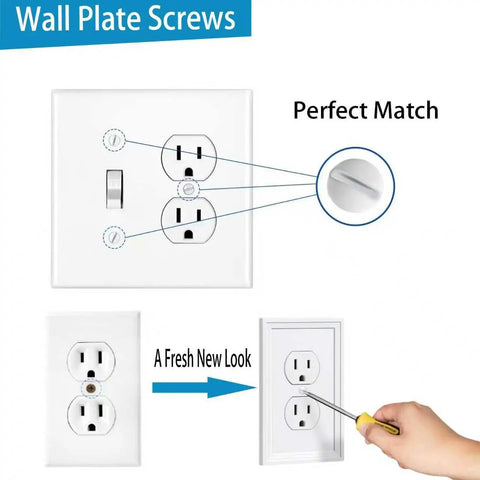 White Wall Plate Screws Kit With 46 Screws In Eight Lengths For 6-32 Thread shown on installed wall plate