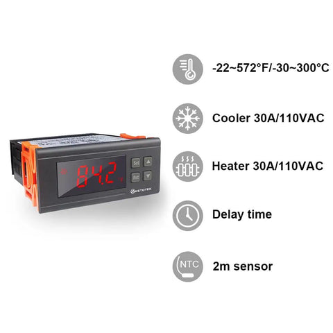 Digital Temperature Controller Thermostat Regulator for Incubators, Brooders, Refrigerators, Fermenters, Greenhouses and Reptile Enclosures, 120VAC 30A Relay, Wide -22 to 572 Fahrenheit Range, On Off Control with Adjustable Differential