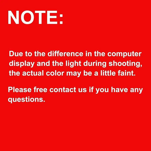 Note about color differences due to computer display and lighting, with contact information for questions.