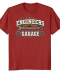 Cool Mechanical Engineer T-Shirt With Vintage Wrench And Gear Design For Hands On Technicians, Soft 100% Cotton Unisex Tee With Distressed Print And Motif Quotes. Red t-shirt with garage-themed graphic design.