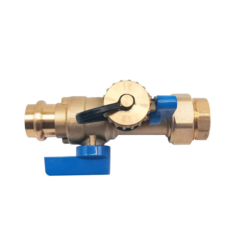 3/4-in brass tankless water heater isolation valve with pressure-relief valve, blue lever, female threaded x press