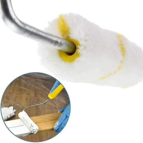Close-up of premium microfiber paint roller with yellow trim, ideal for smooth finish on semi flat surfaces, part of Premium Microfiber Paint Rollers And Frames Kit Featuring Short Pile Nap For Hella Smooth Finish On Semi Flat Walls Plus Angled Corner Brushes For Zero Fuss Diy Refreshing Rooms Projects.