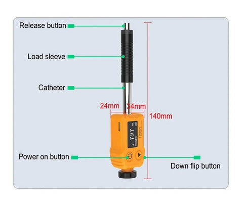 Diagram of Top Shelf Digital Leeb Hardness Tester Portable Handheld Metal Durometer showing features and dimensions.