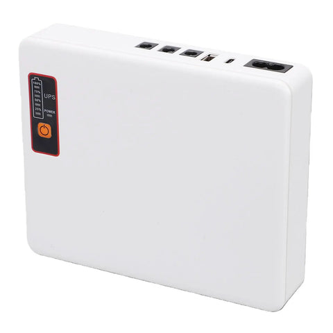 Plug And Play Mini Ups Battery Backup With 16000Mah to keep your WiFi hot during blackouts, white compact design with ports.
