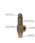 Brass 1-inch no-lead pressure relief valve, 75 PSI preset; heavy-duty with 1" NPT connections
