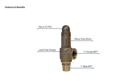 Brass 1-inch no-lead pressure relief valve, 75 PSI preset; heavy-duty with 1" NPT connections
