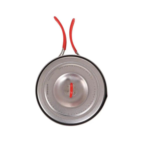 Top view of Ultralight Titanium Camping Pot With Folding Handle, 900 Ml Capacity, showing lid and red handles.