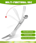 3 In 1 Watermelon Cutter Slicer Fork Tool in stainless steel with foldable design, rounded scoop, and multifunctional use displayed.