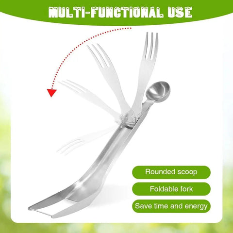 3 In 1 Watermelon Cutter Slicer Fork Tool in stainless steel with foldable design, rounded scoop, and multifunctional use displayed.