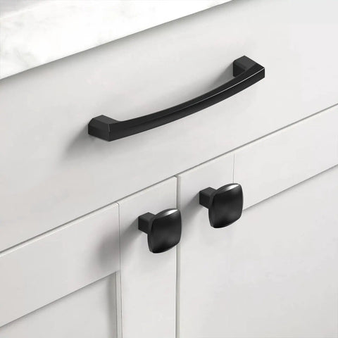 Kickass Five Inch Matte Black Kitchen Cabinet Handles Ten Pack Rock Solid Drawer Pulls Super Durable Hardware on white cabinets.