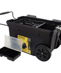 Heavy Duty Rolling Tool Box On Wheels With Black Finish 20 3/8 Inch Wide By 11 3/4 Inch Deep Contractor Chest Durable Steel Construction Secure Latch System Ample Storage For Home Shop open with compartments visible.