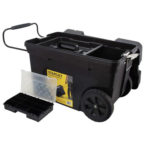 Heavy Duty Rolling Tool Box On Wheels With Black Finish 20 3/8 Inch Wide By 11 3/4 Inch Deep Contractor Chest Durable Steel Construction Secure Latch System Ample Storage For Home Shop open with compartments visible.