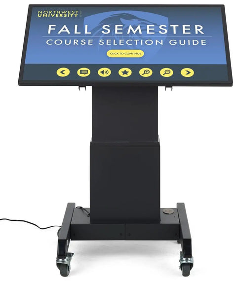 Built Tough 43 Inch Touchscreen Digital Signage Stand With Smooth Motorized Lift And Tilt Crisp Full HD 1080P Workhorse Mobile Kiosk For Retail Professionals, displaying course guide.