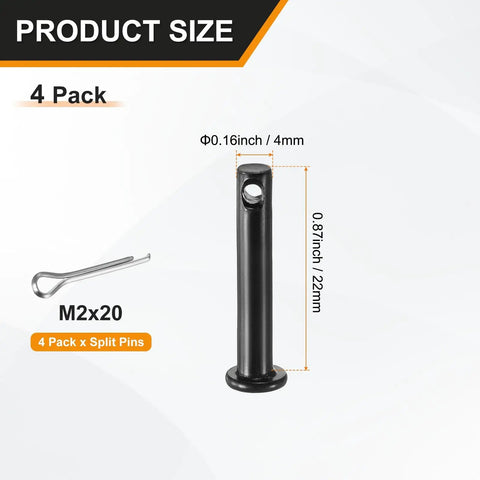 4 Pack M4x22mm Clevis Pins With Single Hole Black For Quick Rigging And Easy Assembly In Agriculture Industrial Aviation And Marine Projects, Heavy Duty Hardware For Mechanical Linkages, Lifting Gear, Hinges, Furniture Assembly. size chart showing 4mm x 22mm pin and split pin