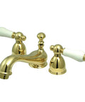 Go To Restoration Mini Widespread Lavatory Faucet With Porcelain Lever Handle In Polished Brass Four To Twelve Inch Adjustable Spread
