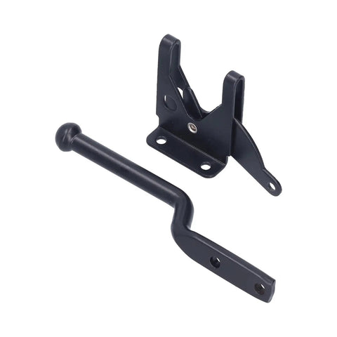 Close-up of a rust-resistant carbon steel gate latch kit for outdoor fences, includes bolt for wood, vinyl, or composite fence posts.