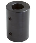 Heavy Duty Mild Steel Rigid Shaft Coupling With Black Oxide Plating and Built Tough Torque Handling for Straight Shot Power Transfer Featuring Solid One Piece Construction and Quick Bite Screws, 1 1/8 inch bore.