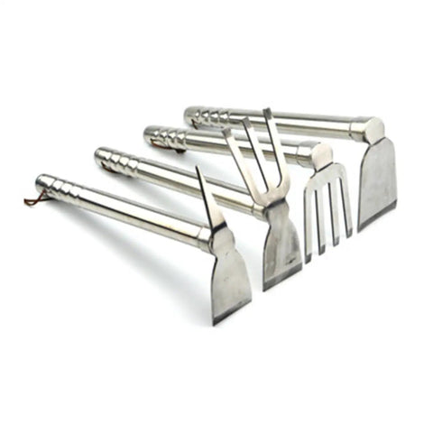 Variety of stainless steel gardening tools including Two In One Stainless Steel Garden Hoe And Pickaxe Tool For Planting And Weeding