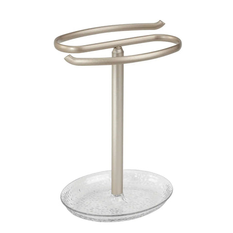 Steel Fingertip Towel Rack Stand With Base Tray For Jewelry Or Small Accessories, Two Bar Towel Holder For Bathroom Kitchen Or Powder Room, Holds Hand Towels And Washcloths, Two Sided Design, Rain Collection Clear Satin Finish.