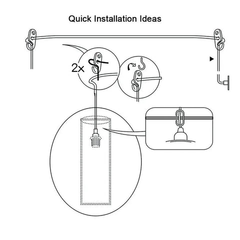 Installation diagram for 15 Foot Pendant Light Cord Kit with On Off Toggle Switch, E26 Pendant Sockets, Hooks, and 2 Prong US Plug