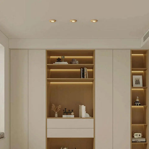 XYIANG 3.9 Inch Farmhouse Wood Grain Recessed Lighting Housing Trim Kits 7W Led Recessed Lighting installed in modern cabinetry.