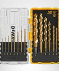 DEWALT 14-piece titanium nitride drill bit set in yellow and clear plastic case (front view)