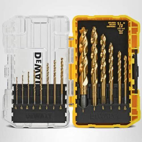 DEWALT 14-piece titanium nitride drill bit set in yellow and clear plastic case (front view)