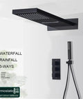 Straight Up Knockout Style Matte Black Rainfall Shower System With Waterfall Body Spray And Thermostatic Mixer Valve Wall Mounted overhead view of faucet.