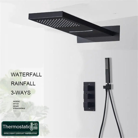 Straight Up Knockout Style Matte Black Rainfall Shower System With Waterfall Body Spray And Thermostatic Mixer Valve Wall Mounted overhead view of faucet.