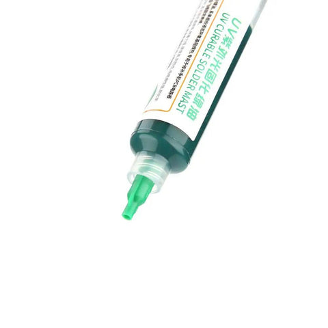 Green UV Light Curing Solder Mask Ink For PCB Repair And Electronics Protection with precision applicator tip, angled view